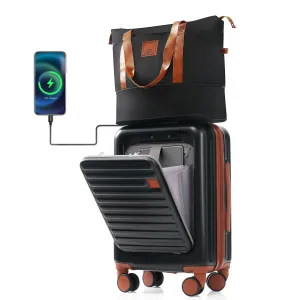 Versatile 20-Inch Expandable Carry-On Set with USB Port & Cup Holder - Durable ABS Luggage and Travel Bag Combo in Black and Brown
