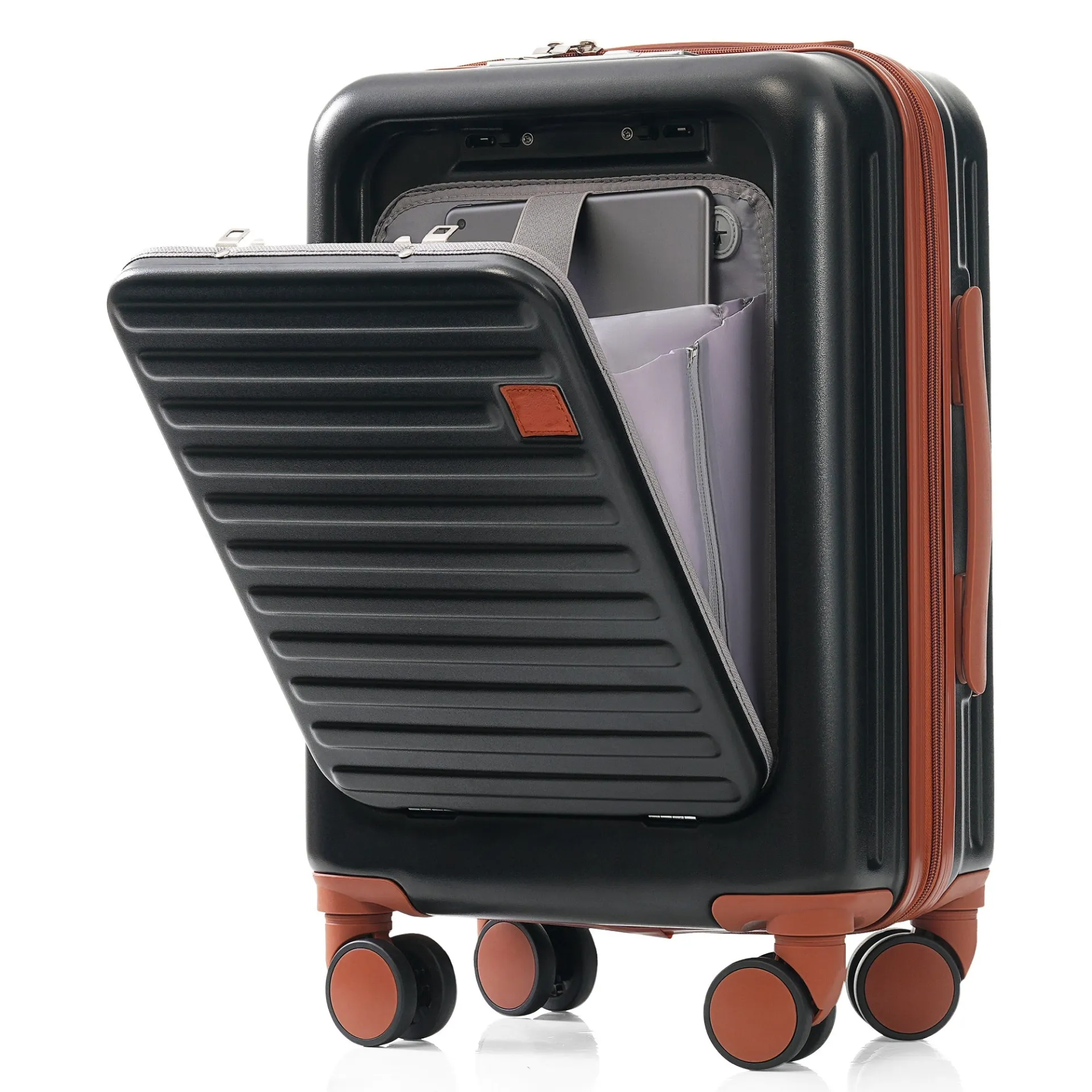 Versatile 20-Inch Expandable Carry-On Set with USB Port & Cup Holder - Durable ABS Luggage and Travel Bag Combo in Black and Brown