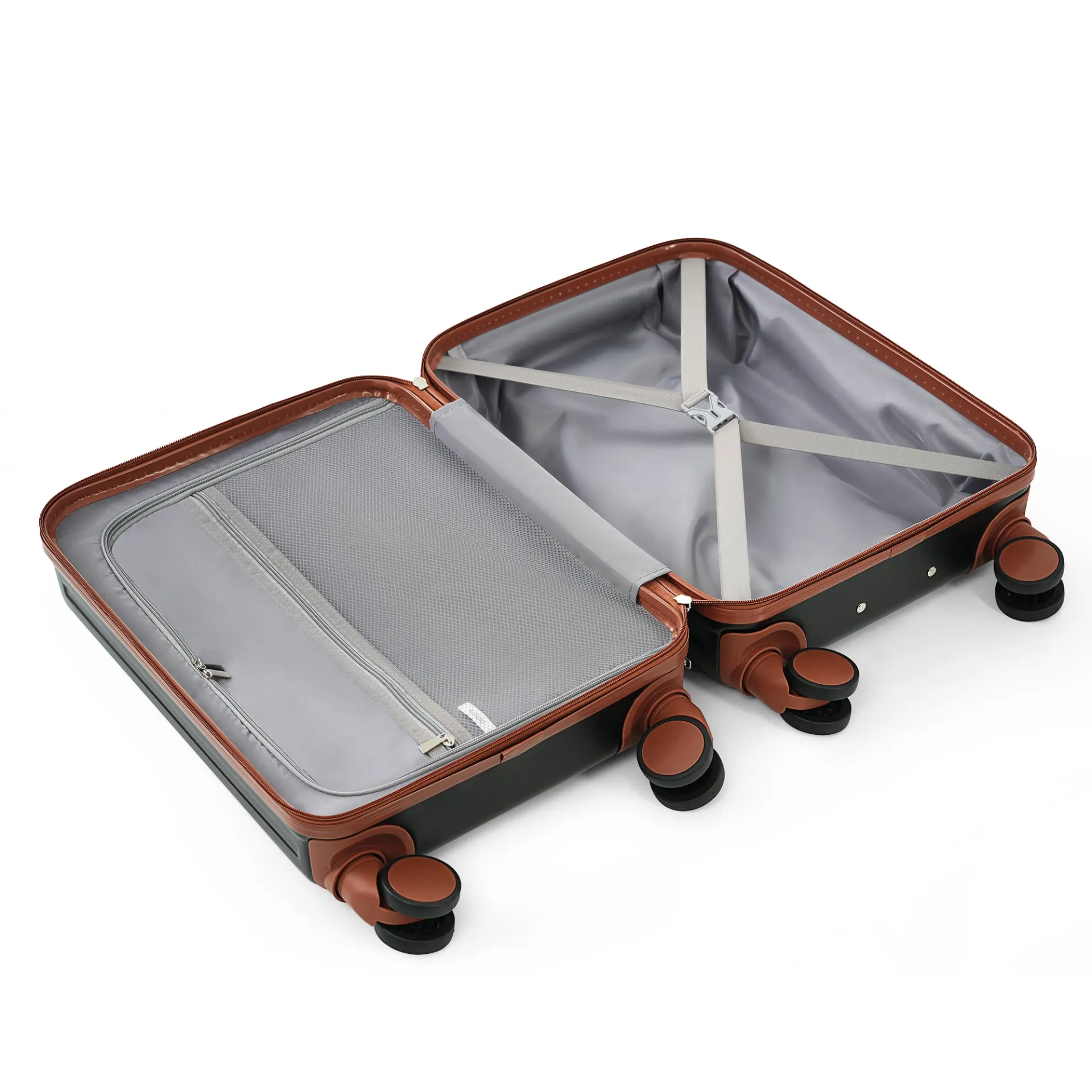 Versatile 20-Inch Expandable Carry-On Set with USB Port & Cup Holder - Durable ABS Luggage and Travel Bag Combo in Black and Brown