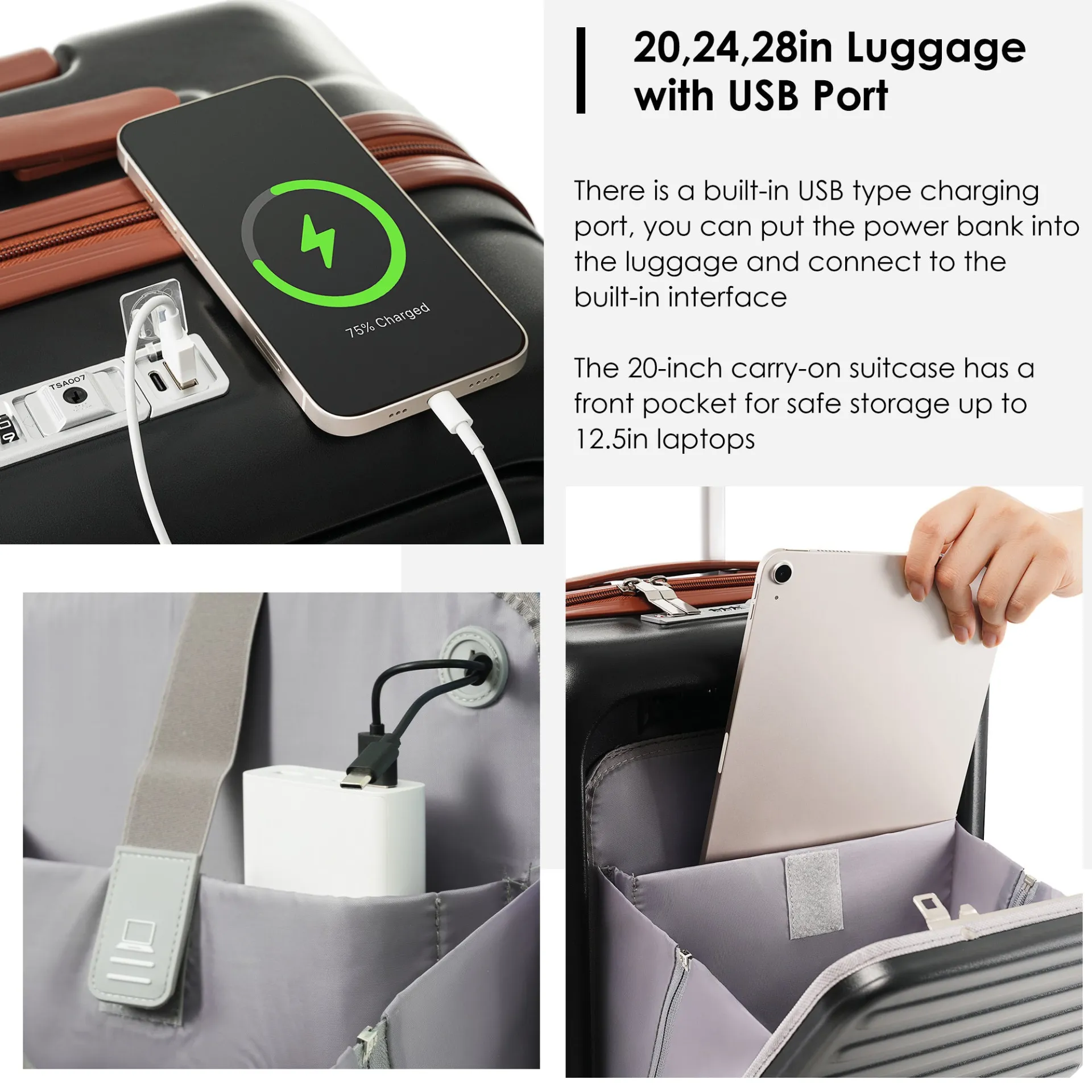 Versatile 20-Inch Expandable Carry-On Set with USB Port & Cup Holder - Durable ABS Luggage and Travel Bag Combo in Black and Brown