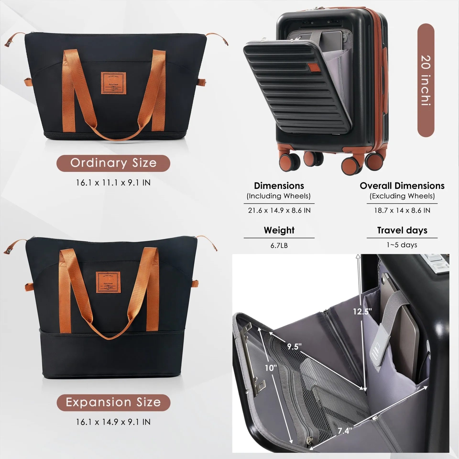 Versatile 20-Inch Expandable Carry-On Set with USB Port & Cup Holder - Durable ABS Luggage and Travel Bag Combo in Black and Brown