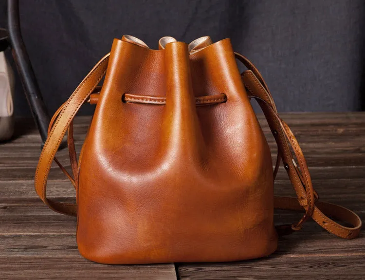 Vintage Womens Brown Leather Bucket Bag Crossbody Bags for Women