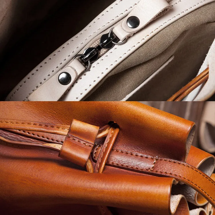 Vintage Womens Brown Leather Bucket Bag Crossbody Bags for Women