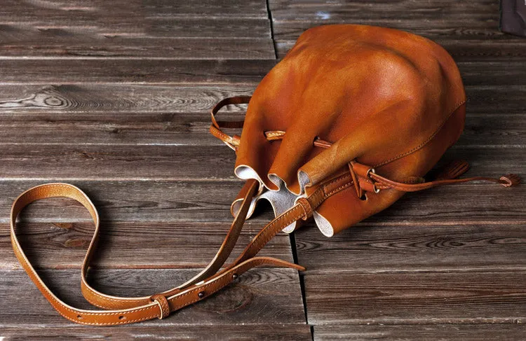 Vintage Womens Brown Leather Bucket Bag Crossbody Bags for Women