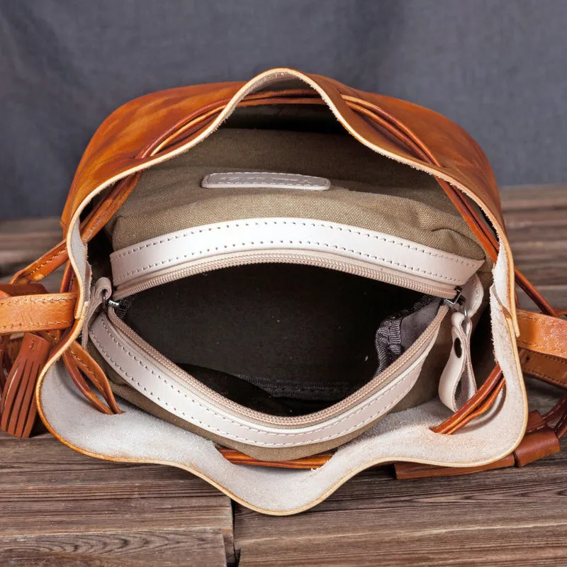 Vintage Womens Brown Leather Bucket Bag Crossbody Bags for Women