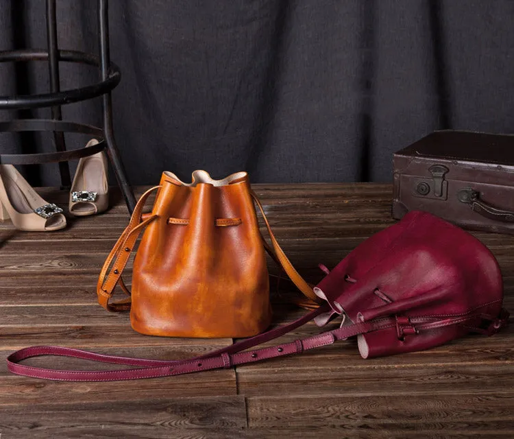 Vintage Womens Brown Leather Bucket Bag Crossbody Bags for Women