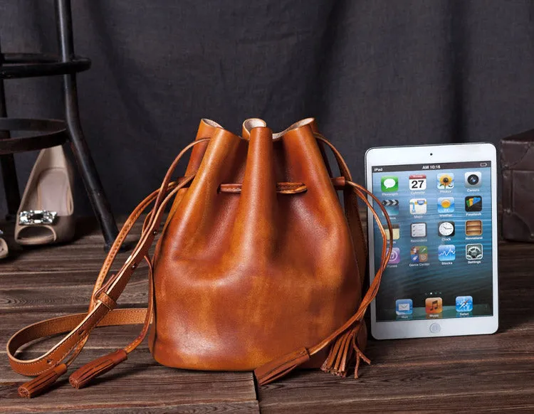Vintage Womens Brown Leather Bucket Bag Crossbody Bags for Women