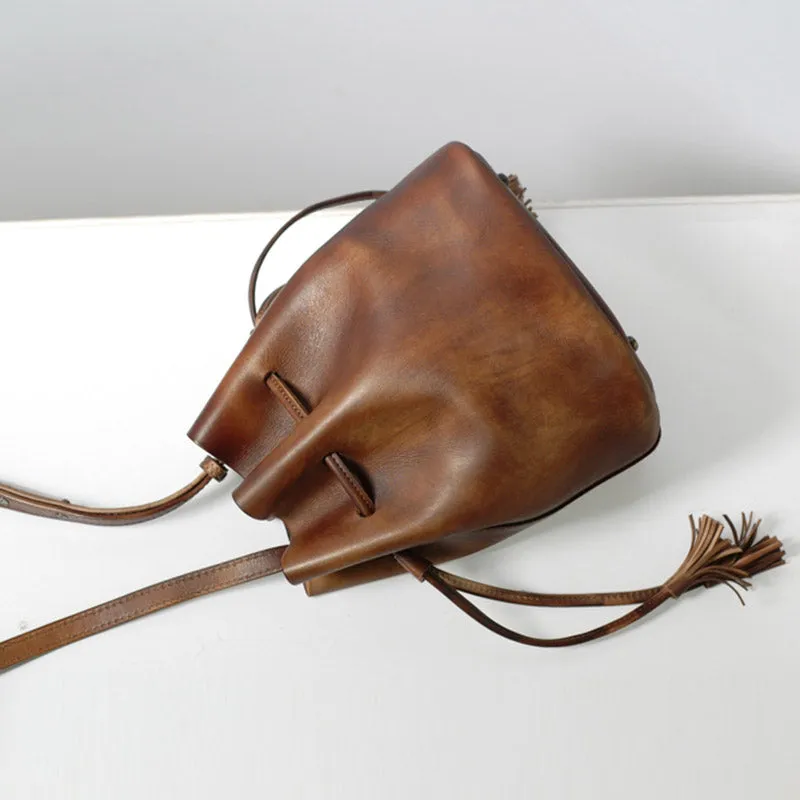 Vintage Womens Brown Leather Bucket Bag Crossbody Bags for Women