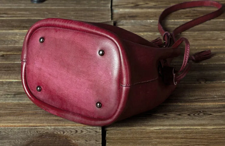 Vintage Womens Brown Leather Bucket Bag Crossbody Bags for Women