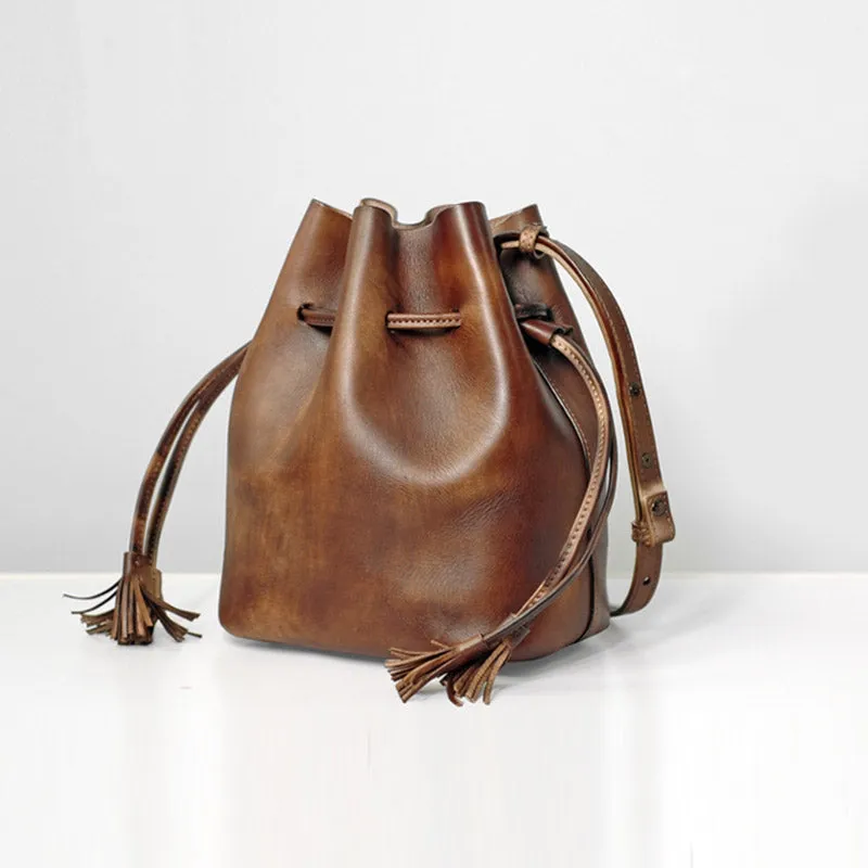 Vintage Womens Brown Leather Bucket Bag Crossbody Bags for Women