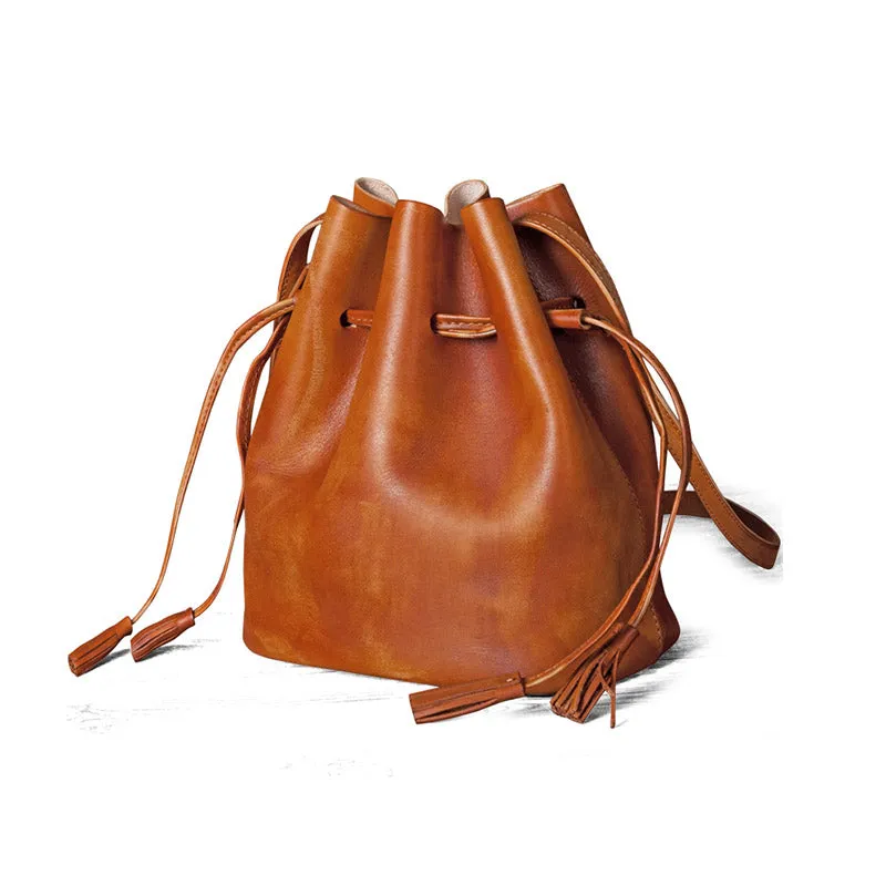 Vintage Womens Brown Leather Bucket Bag Crossbody Bags for Women