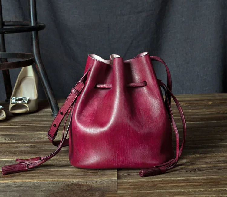 Vintage Womens Brown Leather Bucket Bag Crossbody Bags for Women