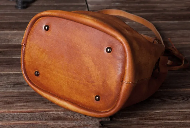 Vintage Womens Brown Leather Bucket Bag Crossbody Bags for Women