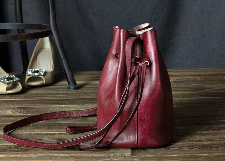 Vintage Womens Brown Leather Bucket Bag Crossbody Bags for Women