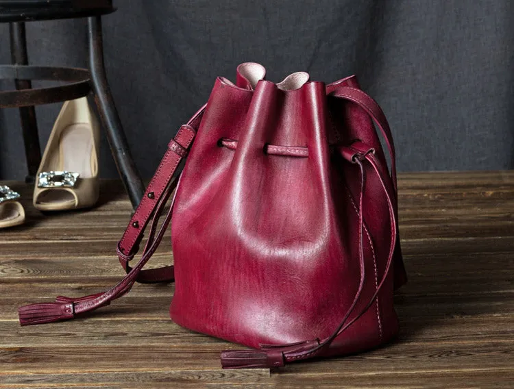 Vintage Womens Brown Leather Bucket Bag Crossbody Bags for Women
