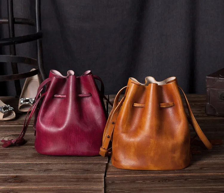 Vintage Womens Brown Leather Bucket Bag Crossbody Bags for Women