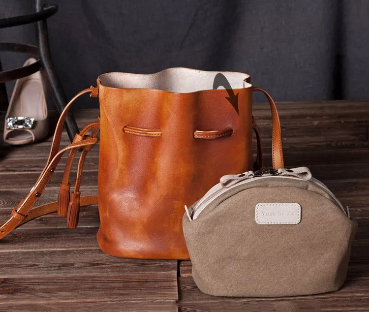 Vintage Womens Brown Leather Bucket Bag Crossbody Bags for Women
