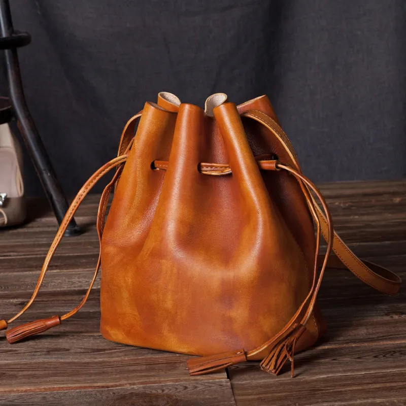 Vintage Womens Brown Leather Bucket Bag Crossbody Bags for Women