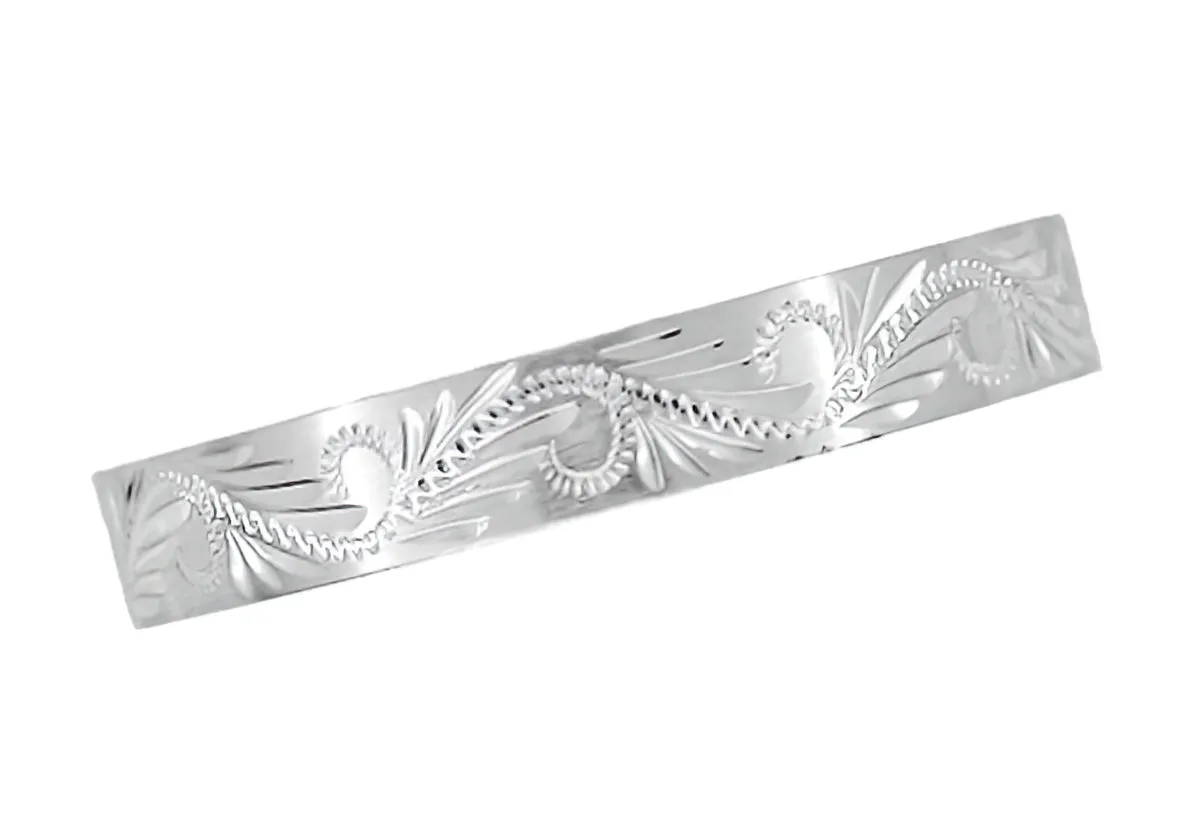 Western Carved Leaves & Scrolls 5mm Wide Platinum Vintage Style Wedding Ring