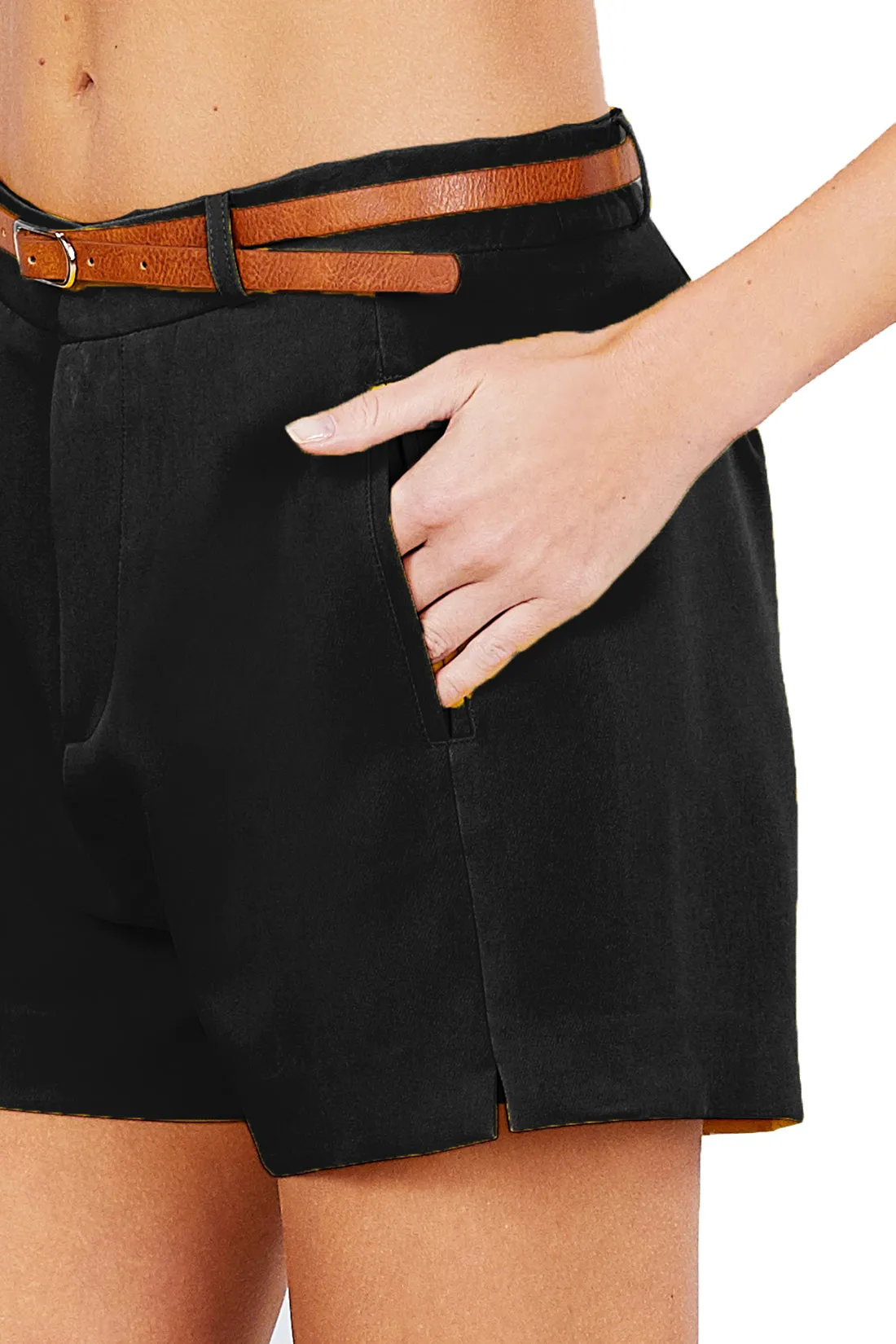 Women's Popular Casual Belted Loose Fit Slit Pocket Shorts (FWB1046)