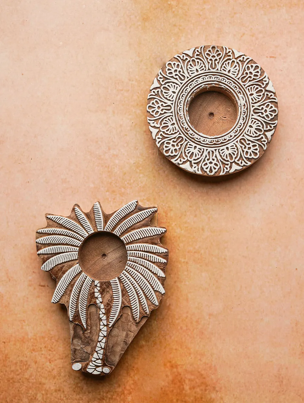 Wooden Engraved Tealight Holders - (Set of 2) Mandala and Taru