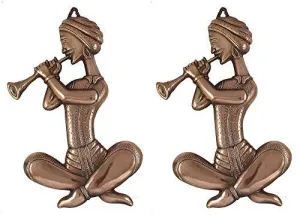 ZULKA Get your traditions Bronze Color Men Playing Shehnai Wall Hanging Showpiece/Figurine Gun Metal for Home Decor (16 inch x8.5 inch)